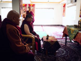 Thaye Dorje, His Holiness the 17th Gyalwa Karmapa, presides over a fire puja at His Eminence Beru Khyentse Rinpoche's guest house, India, December 2019. Photo / Tokpa Korlo