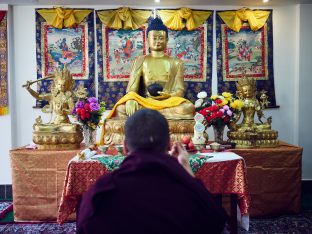 Thaye Dorje, His Holiness the 17th Gyalwa Karmapa, presides over a fire puja at His Eminence Beru Khyentse Rinpoche's guest house, India, December 2019. Photo / Tokpa Korlo