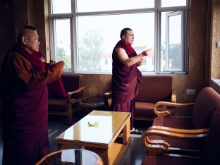 Thaye Dorje, His Holiness the 17th Gyalwa Karmapa, presides over a fire puja at His Eminence Beru Khyentse Rinpoche's guest house, India, December 2019. Photo / Tokpa Korlo