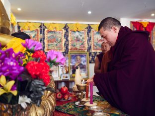 Thaye Dorje, His Holiness the 17th Gyalwa Karmapa, presides over a fire puja at His Eminence Beru Khyentse Rinpoche's guest house, India, December 2019. Photo / Tokpa Korlo