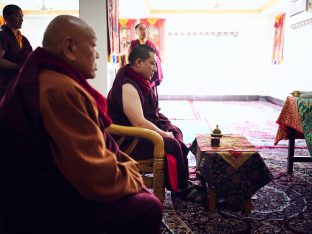 Thaye Dorje, His Holiness the 17th Gyalwa Karmapa, presides over a fire puja at His Eminence Beru Khyentse Rinpoche's guest house, India, December 2019. Photo / Tokpa Korlo