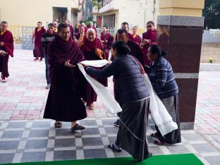 Thaye Dorje, His Holiness the 17th Gyalwa Karmapa, presides over a fire puja at His Eminence Beru Khyentse Rinpoche's guest house, India, December 2019. Photo / Tokpa Korlo