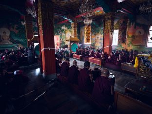 Thaye Dorje, His Holiness the 17th Gyalwa Karmapa, presides over a fire puja at His Eminence Beru Khyentse Rinpoche's guest house, India, December 2019. Photo / Tokpa Korlo