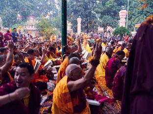 Thaye Dorje, His Holiness the 17th Gyalwa Karmapa, presides over aspiration prayers on the final day of the 2019 Kagyu Monlam, Bodh Gaya, India. Photo / Tokpa Korlo