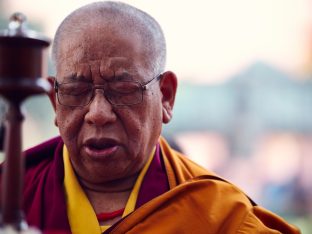 Thaye Dorje, His Holiness the 17th Gyalwa Karmapa, presides over aspiration prayers on the final day of the 2019 Kagyu Monlam, Bodh Gaya, India. Photo / Tokpa Korlo