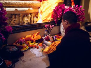 Thaye Dorje, His Holiness the 17th Gyalwa Karmapa, presides over aspiration prayers on the final day of the 2019 Kagyu Monlam, Bodh Gaya, India. Photo / Tokpa Korlo