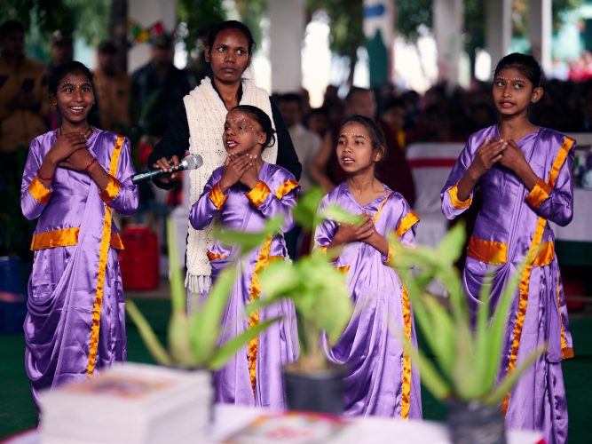 Students from Bodhi Tree School share a special cultural performance in honour of Karmapa's visit