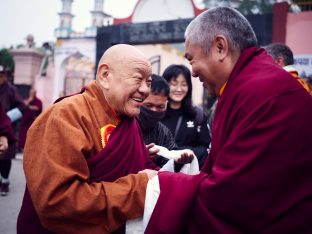 Thaye Dorje, His Holiness the 17th Gyalwa Karmapa, presides over prayers on the opening day of the Kagyu Monlam in Bodh Gaya, India, in December 2019 (Photo/Tokpa Korlo)