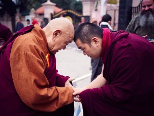 Thaye Dorje, His Holiness the 17th Gyalwa Karmapa, presides over prayers on the opening day of the Kagyu Monlam in Bodh Gaya, India, in December 2019 (Photo/Tokpa Korlo)