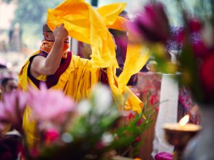 Thaye Dorje, His Holiness the 17th Gyalwa Karmapa, presides over prayers on the opening day of the Kagyu Monlam in Bodh Gaya, India, in December 2019 (Photo/Tokpa Korlo)