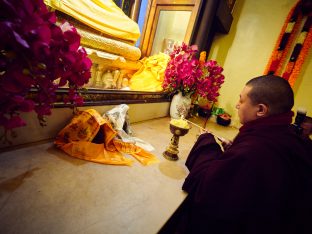 Thaye Dorje, His Holiness the 17th Gyalwa Karmapa, presides over prayers on the opening day of the Kagyu Monlam in Bodh Gaya, India, in December 2019 (Photo/Tokpa Korlo)