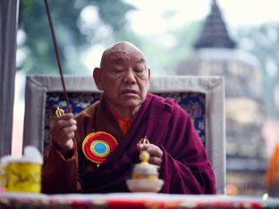 Thaye Dorje, His Holiness the 17th Gyalwa Karmapa, presides over prayers on the opening day of the Kagyu Monlam in Bodh Gaya, India, in December 2019 (Photo/Tokpa Korlo)