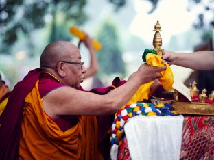 Thaye Dorje, His Holiness the 17th Gyalwa Karmapa, presides over prayers on the opening day of the Kagyu Monlam in Bodh Gaya, India, in December 2019 (Photo/Tokpa Korlo)