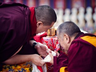 Thaye Dorje, His Holiness the 17th Gyalwa Karmapa, presides over prayers on the opening day of the Kagyu Monlam in Bodh Gaya, India, in December 2019 (Photo/Tokpa Korlo)