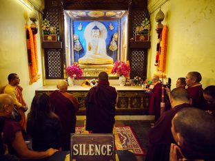 Thaye Dorje, His Holiness the 17th Gyalwa Karmapa, presides over prayers on the opening day of the Kagyu Monlam in Bodh Gaya, India, in December 2019 (Photo/Tokpa Korlo)