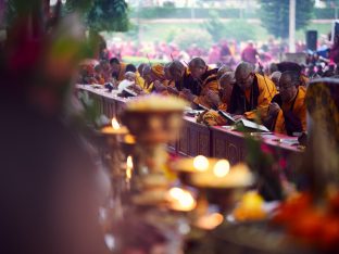 Thaye Dorje, His Holiness the 17th Gyalwa Karmapa, presides over prayers on the opening day of the Kagyu Monlam in Bodh Gaya, India, in December 2019 (Photo/Tokpa Korlo)