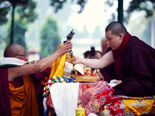 Thaye Dorje, His Holiness the 17th Gyalwa Karmapa, presides over prayers on the opening day of the Kagyu Monlam in Bodh Gaya, India, in December 2019 (Photo/Tokpa Korlo)