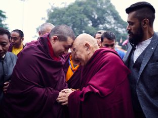 Thaye Dorje, His Holiness the 17th Gyalwa Karmapa, presides over prayers on the opening day of the Kagyu Monlam in Bodh Gaya, India, in December 2019 (Photo/Tokpa Korlo)