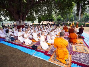 Thaye Dorje, His Holiness the 17th Gyalwa Karmapa, presides over prayers on the opening day of the Kagyu Monlam in Bodh Gaya, India, in December 2019 (Photo/Tokpa Korlo)