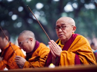 Thaye Dorje, His Holiness the 17th Gyalwa Karmapa, presides over prayers on the opening day of the Kagyu Monlam in Bodh Gaya, India, in December 2019 (Photo/Tokpa Korlo)