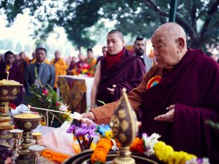 Thaye Dorje, His Holiness the 17th Gyalwa Karmapa, presides over prayers on the opening day of the Kagyu Monlam in Bodh Gaya, India, in December 2019 (Photo/Tokpa Korlo)