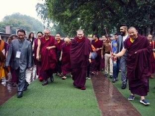 Thaye Dorje, His Holiness the 17th Gyalwa Karmapa, presides over prayers on the opening day of the Kagyu Monlam in Bodh Gaya, India, in December 2019 (Photo/Tokpa Korlo)