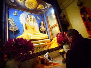 Thaye Dorje, His Holiness the 17th Gyalwa Karmapa, presides over prayers on the opening day of the Kagyu Monlam in Bodh Gaya, India, in December 2019 (Photo/Tokpa Korlo)