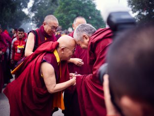 Thaye Dorje, His Holiness the 17th Gyalwa Karmapa, presides over prayers on the opening day of the Kagyu Monlam in Bodh Gaya, India, in December 2019 (Photo/Tokpa Korlo)