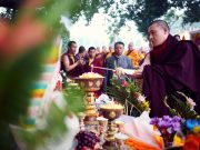 Thaye Dorje, His Holiness the 17th Gyalwa Karmapa, presides over prayers on the opening day of the Kagyu Monlam in Bodh Gaya, India, in December 2019 (Photo/Tokpa Korlo)