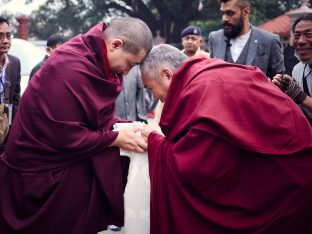 Thaye Dorje, His Holiness the 17th Gyalwa Karmapa, presides over prayers on the opening day of the Kagyu Monlam in Bodh Gaya, India, in December 2019 (Photo/Tokpa Korlo)