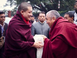 Thaye Dorje, His Holiness the 17th Gyalwa Karmapa, presides over prayers on the opening day of the Kagyu Monlam in Bodh Gaya, India, in December 2019 (Photo/Tokpa Korlo)