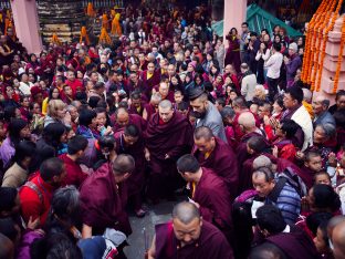 Thaye Dorje, His Holiness the 17th Gyalwa Karmapa, presides over prayers on the opening day of the Kagyu Monlam in Bodh Gaya, India, in December 2019 (Photo/Tokpa Korlo)