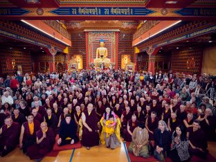 Thaye Dorje, His Holiness the 17th Gyalwa Karmapa, Sangyumla and Thugseyla at Dhagpo Kundreul Ling in Le Bost, France. Photo / Tokpa Korlo