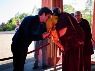 Thaye Dorje, His Holiness the 17th Gyalwa Karmapa, Sangyumla and Thugseyla at Dhagpo Kundreul Ling in Le Bost, France. Photo / Tokpa Korlo