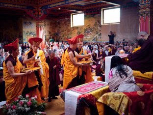 Thaye Dorje, His Holiness the 17th Gyalwa Karmapa, Sangyumla and Thugseyla at Dhagpo Kundreul Ling in Le Bost, France. Photo / Tokpa Korlo