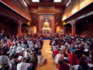 Thaye Dorje, His Holiness the 17th Gyalwa Karmapa, Sangyumla and Thugseyla at Dhagpo Kundreul Ling in Le Bost, France. Photo / Tokpa Korlo