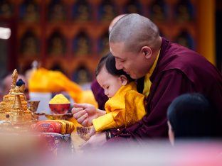 Thaye Dorje, His Holiness the 17th Gyalwa Karmapa, Sangyumla and Thugseyla at Dhagpo Kundreul Ling in Le Bost, France. Photo / Tokpa Korlo