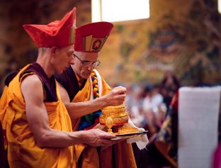 Thaye Dorje, His Holiness the 17th Gyalwa Karmapa, Sangyumla and Thugseyla at Dhagpo Kundreul Ling in Le Bost, France. Photo / Tokpa Korlo