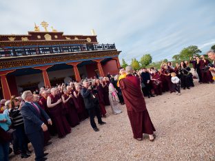 Thaye Dorje, His Holiness the 17th Gyalwa Karmapa, Sangyumla and Thugseyla at Dhagpo Kundreul Ling in Le Bost, France. Photo / Tokpa Korlo