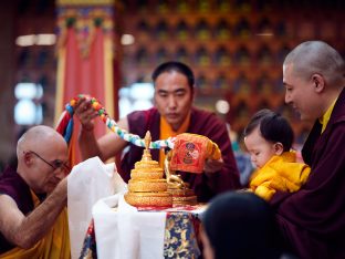 Thaye Dorje, His Holiness the 17th Gyalwa Karmapa, Sangyumla and Thugseyla at Dhagpo Kundreul Ling in Le Bost, France. Photo / Tokpa Korlo