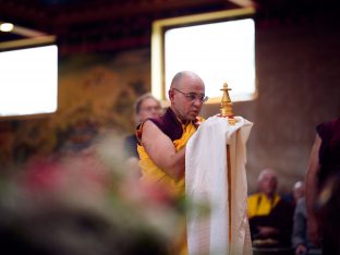 Thaye Dorje, His Holiness the 17th Gyalwa Karmapa, Sangyumla and Thugseyla at Dhagpo Kundreul Ling in Le Bost, France. Photo / Tokpa Korlo