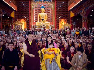 Thaye Dorje, His Holiness the 17th Gyalwa Karmapa, Sangyumla and Thugseyla at Dhagpo Kundreul Ling in Le Bost, France. Photo / Tokpa Korlo