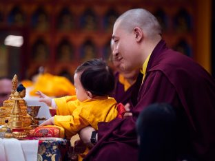 Thaye Dorje, His Holiness the 17th Gyalwa Karmapa, Sangyumla and Thugseyla at Dhagpo Kundreul Ling in Le Bost, France. Photo / Tokpa Korlo