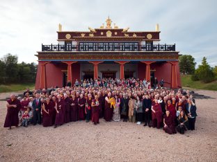 Thaye Dorje, His Holiness the 17th Gyalwa Karmapa, Sangyumla and Thugseyla at Dhagpo Kundreul Ling in Le Bost, France. Photo / Tokpa Korlo