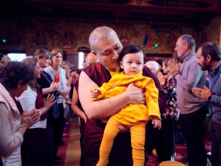 Thaye Dorje, His Holiness the 17th Gyalwa Karmapa, Sangyumla and Thugseyla at Dhagpo Kundreul Ling in Le Bost, France. Photo / Tokpa Korlo