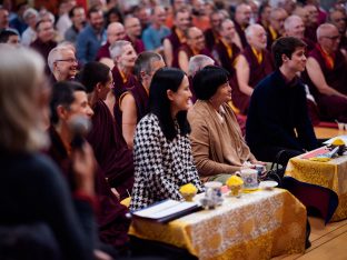 Thaye Dorje, His Holiness the 17th Gyalwa Karmapa, Sangyumla and Thugseyla at Dhagpo Kundreul Ling in Le Bost, France. Photo / Tokpa Korlo