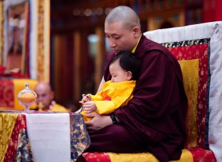 Thaye Dorje, His Holiness the 17th Gyalwa Karmapa, Sangyumla and Thugseyla at Dhagpo Kundreul Ling in Le Bost, France. Photo / Tokpa Korlo