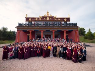 Thaye Dorje, His Holiness the 17th Gyalwa Karmapa, Sangyumla and Thugseyla at Dhagpo Kundreul Ling in Le Bost, France. Photo / Tokpa Korlo