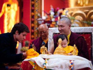 Thaye Dorje, His Holiness the 17th Gyalwa Karmapa, Sangyumla and Thugseyla at Dhagpo Kundreul Ling in Le Bost, France. Photo / Tokpa Korlo