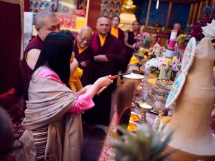 Thaye Dorje, His Holiness the 17th Gyalwa Karmapa, Sangyumla and Thugseyla at Dhagpo Kundreul Ling in Le Bost, France. Photo / Tokpa Korlo